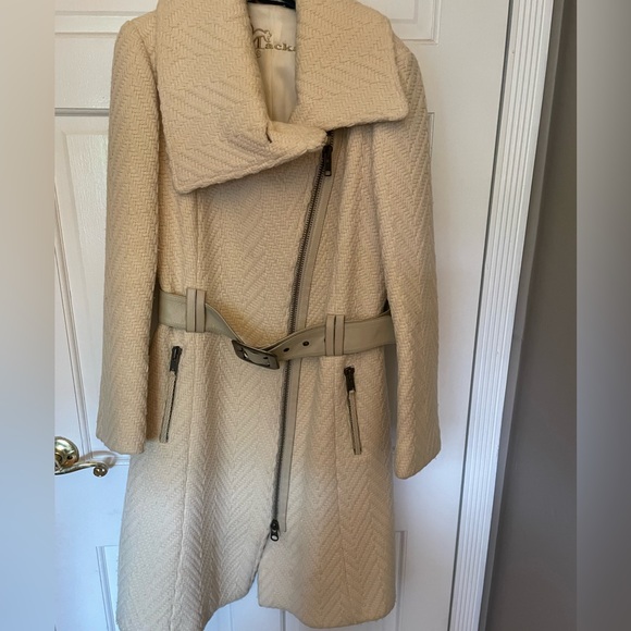 Mackage White Coat Tiled Weave Leather Belt Cream Color Size Large Funnel Collar - Picture 9 of 10